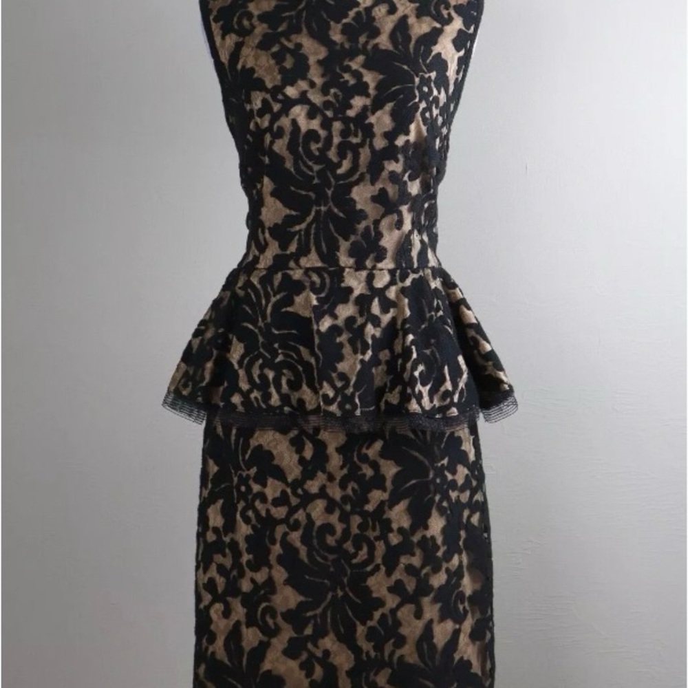 TADASHI SHOJI Black Lace Beige Lined Peplum Pencil Evening Dress Size 8